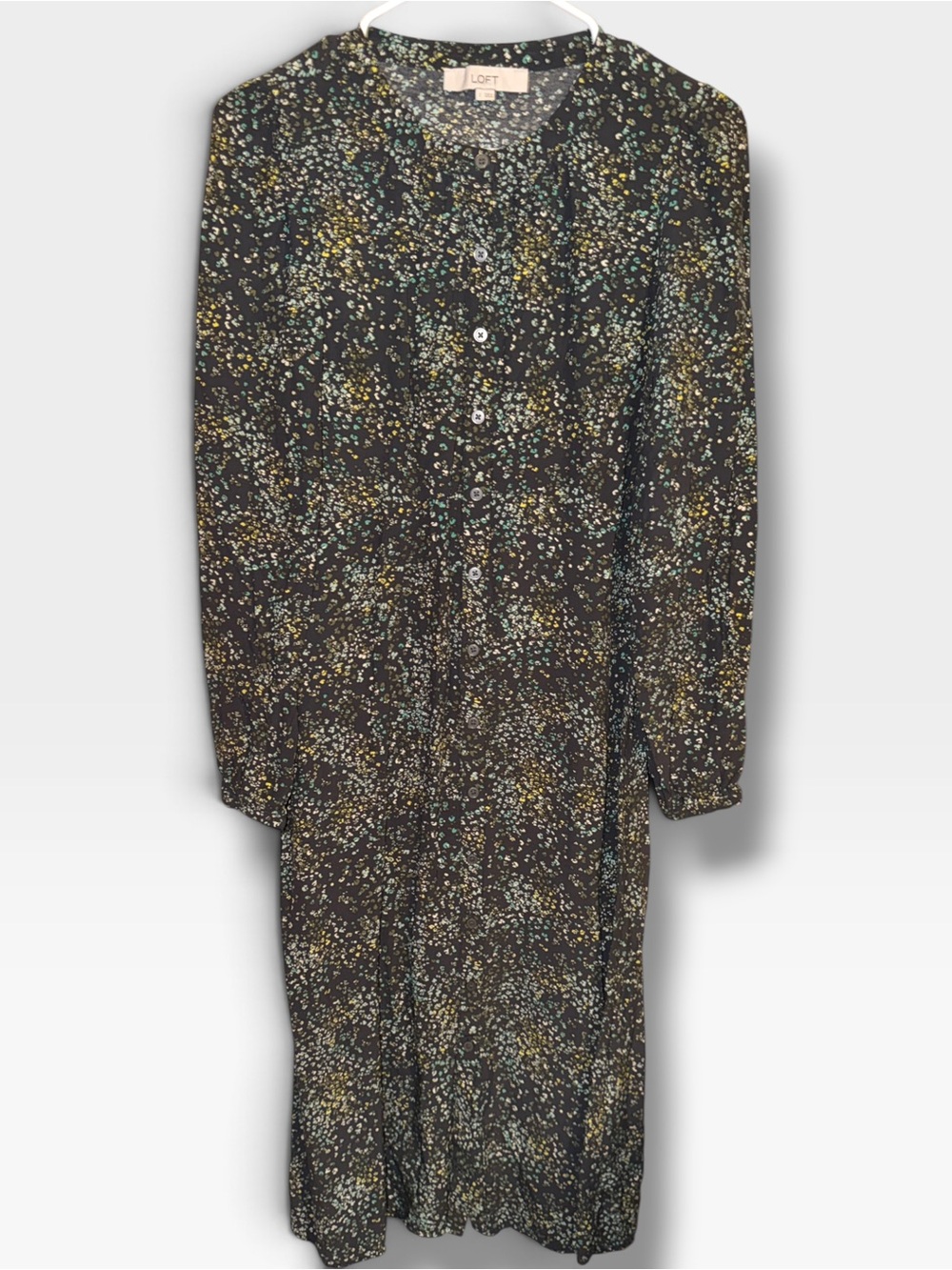 LOFT Gray Floral Button-Front Long Sleeve Dress-Gray,Yellow & Teal